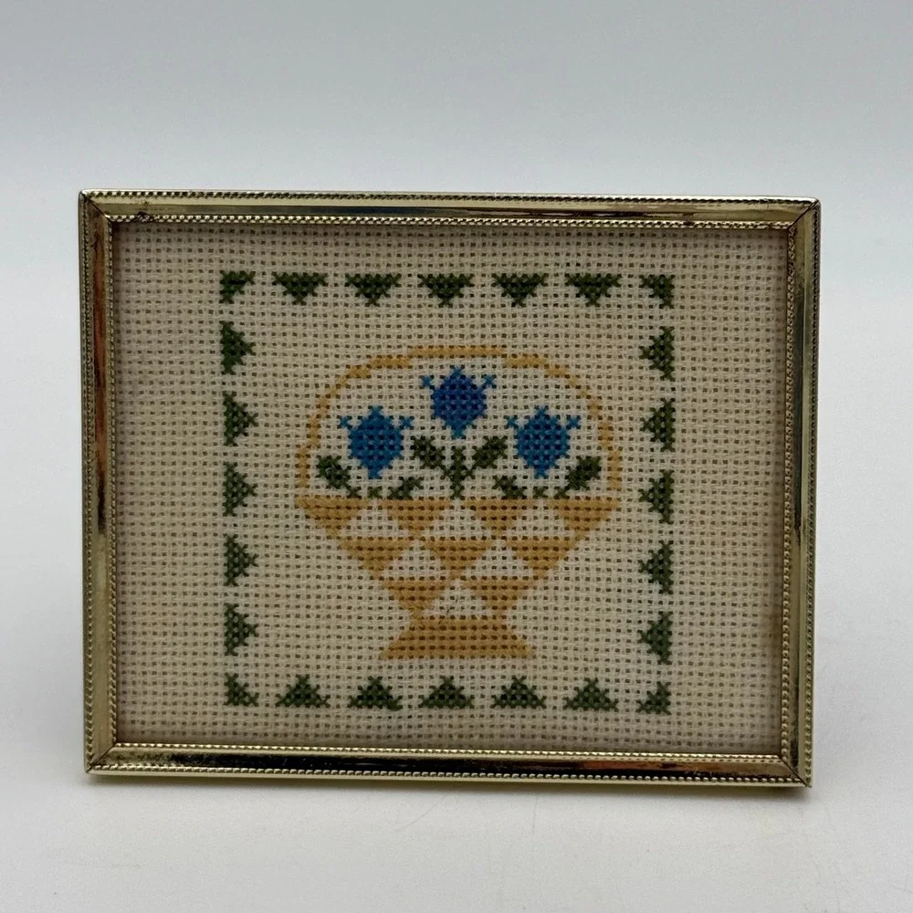 Vintage Framed Cross Stitch Art Set of 2 Mini Floral Basket Gold Tone Frames